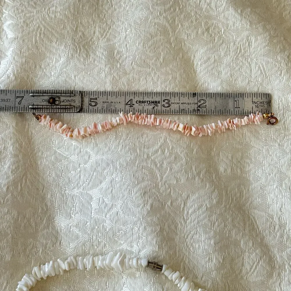 Vintage 1990s Pink & White Puka Shell Chip Necklace and Bracelet Anklet chipped
